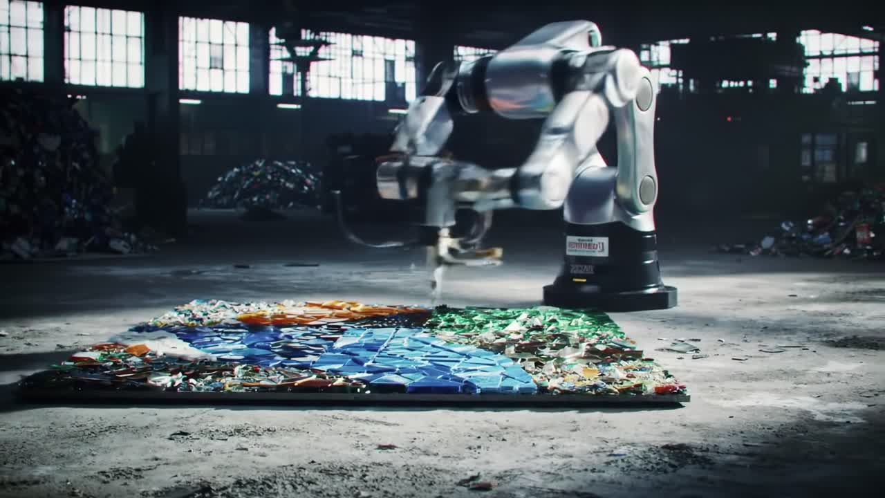A Robotic Arm Skillfully Constructs a Mosaic Artwork on a Floor Covered with Recycled Materials in a Dimly Lit Industrial Setting, Showcasing Innovation and Sustainability