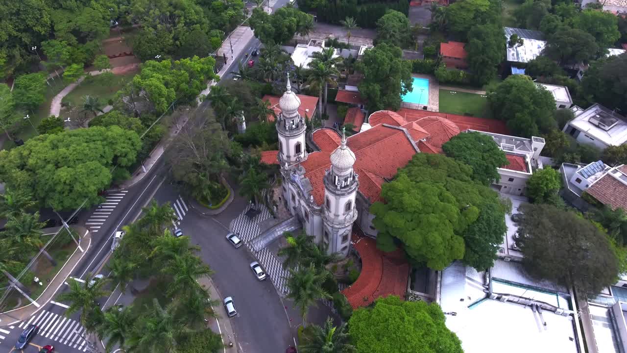 Aerial view of Igreja Nossa Senhora do Brasil in São Paulo, Brazil, located in the Jardim América. The church features stunning baroque architecture and sits near Avenida Brasil and Rua Colômbia.