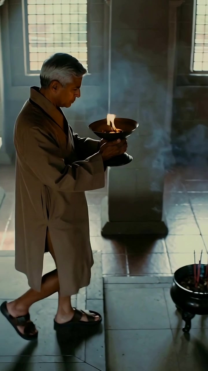 Vertical video: Entering Asian man in shrine robed-sandaled holding bowl lighting censer