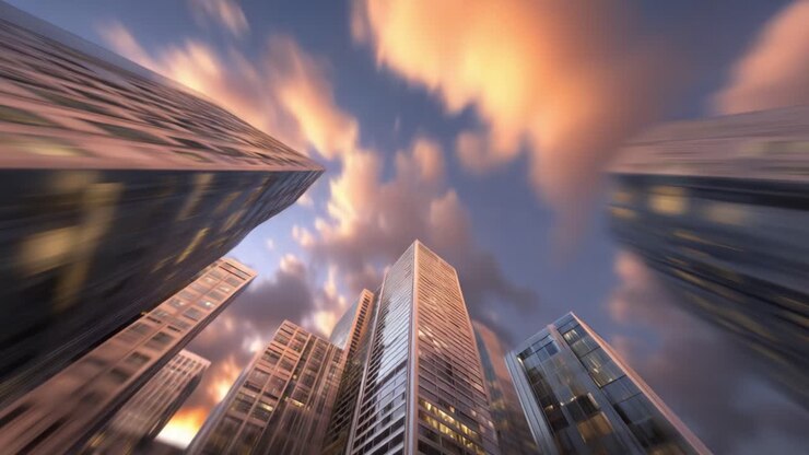 Impressionante paisagem urbana capturada durante a hora dourada, com movimento dramático das nuvens e fachadas de vidro reflexivas de arranha-céus modernos elevando-se acima