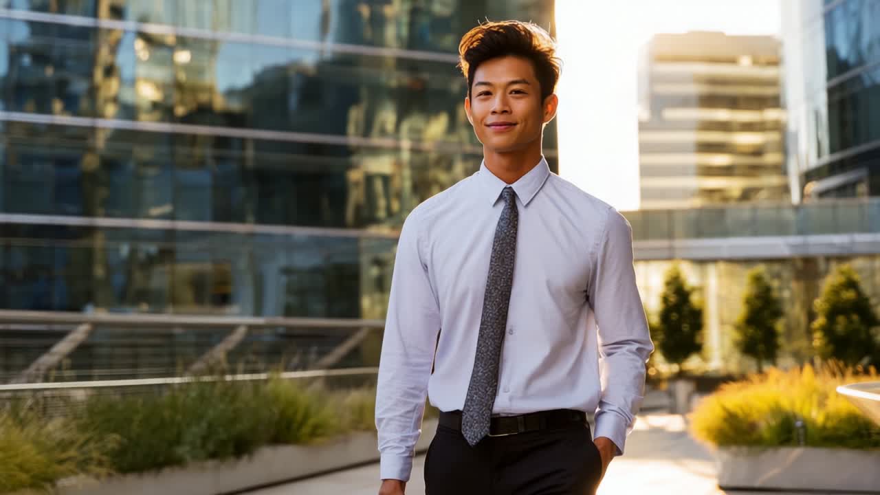 A confident young man in a formal outfit walks through a modern urban landscape, featuring sleek glass buildings and lush greenery, as the sun sets, enhancing the atmosphere of professionalism and style