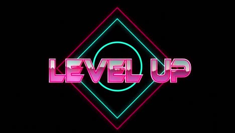 Animation-of-level-up-text-over-shapes-on-black-background