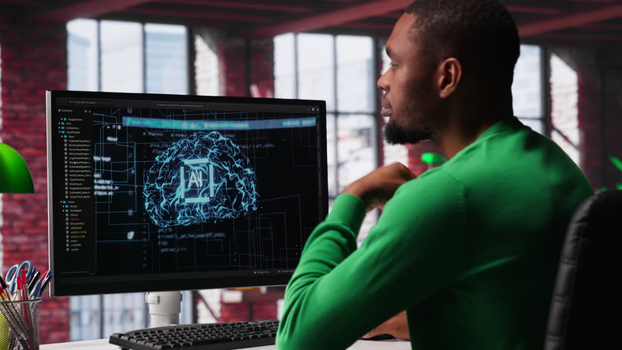 Vertical Video System engineer coding AI brain model of neural network for machine learning