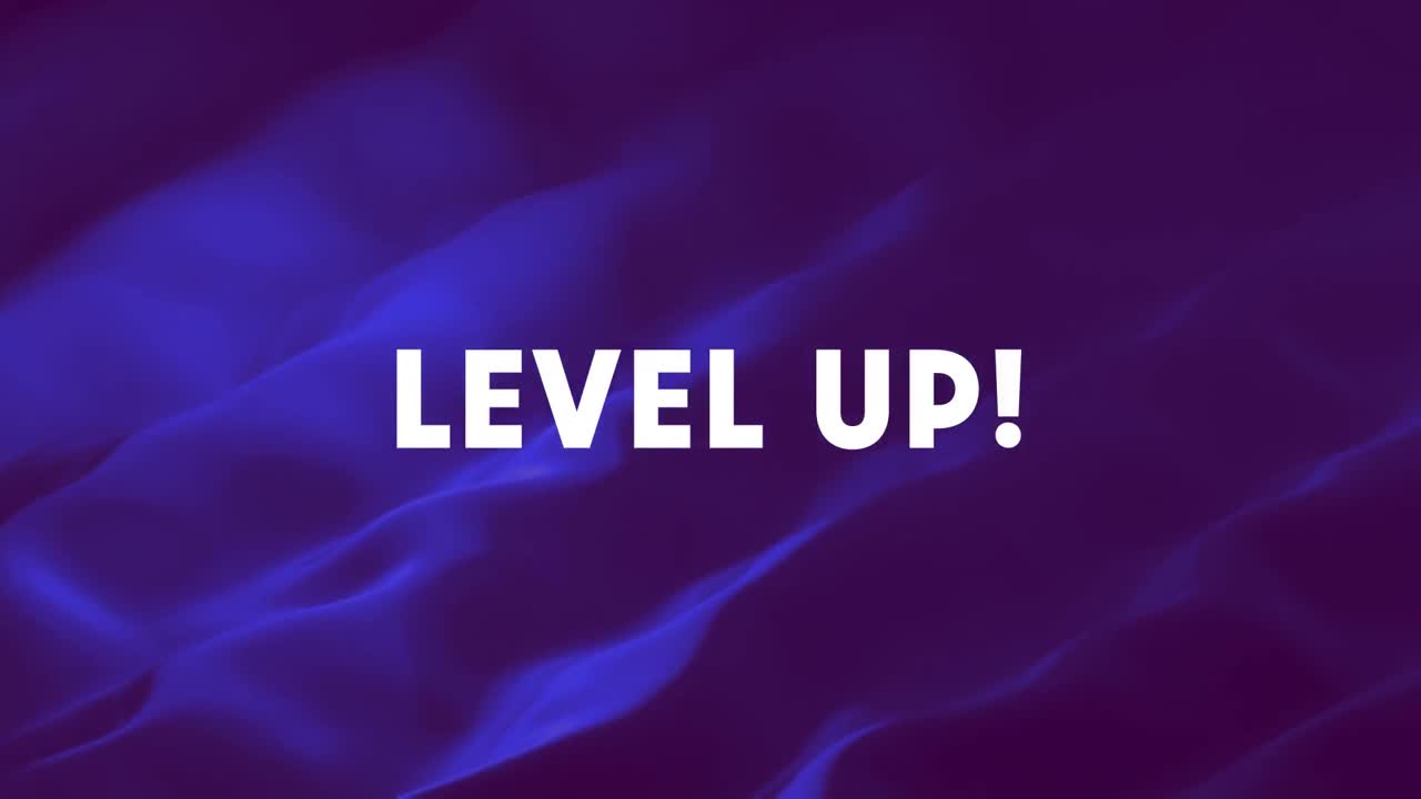 animación de texto de nivel en blanco sobre tela ondulada azul en movimiento.