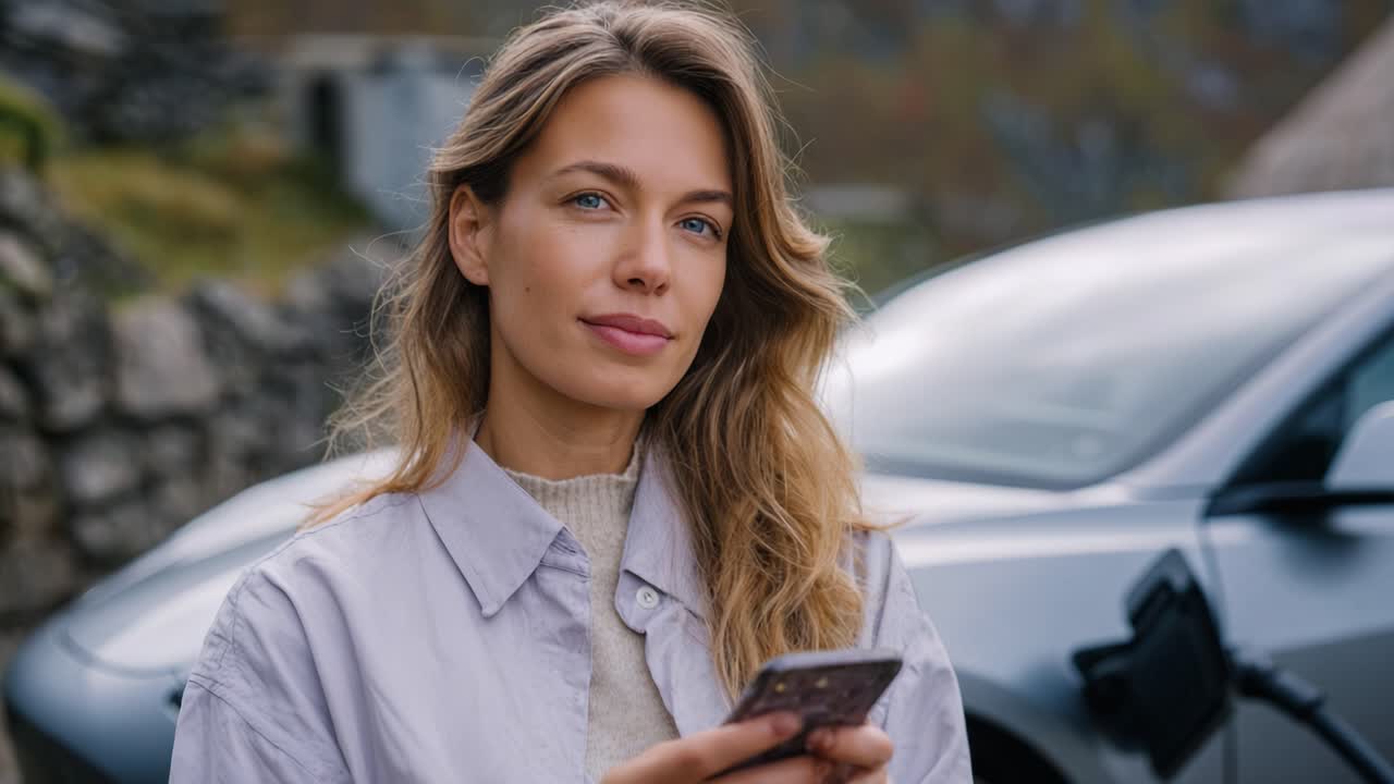 Una donna con capelli mossi e uno smartphone appare pensierosa e serena, in piedi all'aperto con un'elegante auto parcheggiata sullo sfondo, catturando un momento di contemplazione.