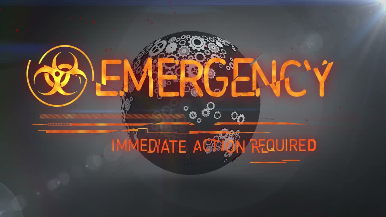 Emblema di rischio biologico che appare, globo rotante scintillante, barre HUD scorrevoli e "EMERGENZA" pulsante che esorta all'azione