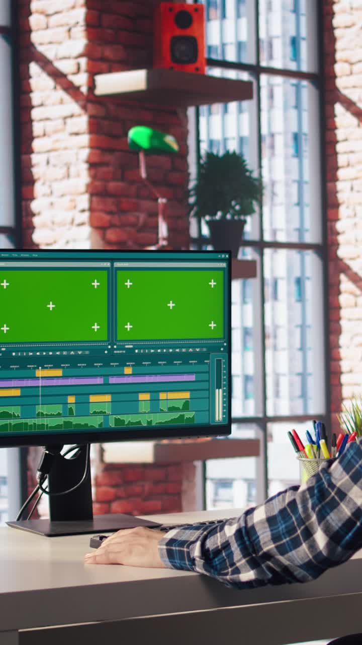 Vertical video Videographer doing video montage using specialized software on green screen PC