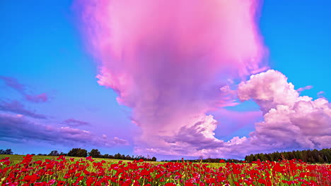 Video-Estático-De-Una-Colorida-Puesta-De-Sol-Sobre-Un-Hermoso-Campo-De-Amapolas-Rojas