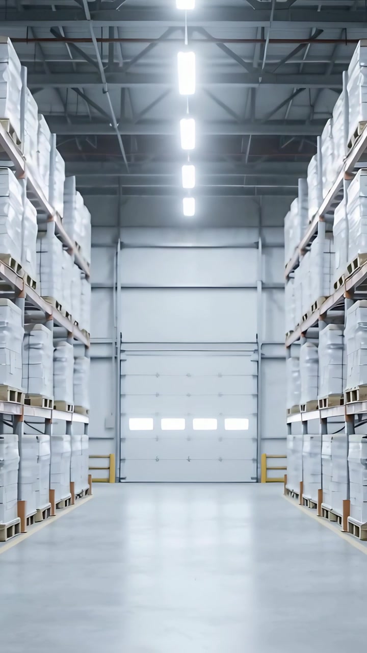 Video verticale: Telecamera che avanza lungo il corridoio centrale, mostrando scaffalature per pallet e un portone avvolgibile.