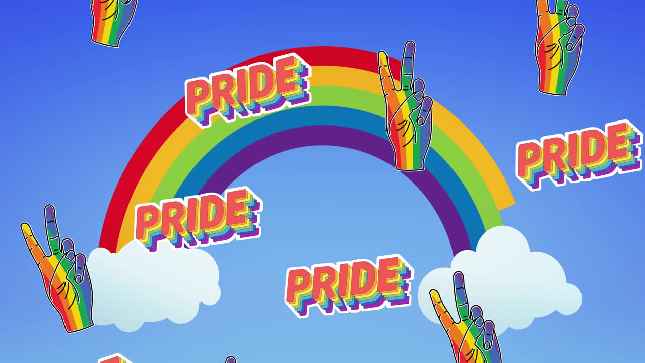 텍스트와 무지개 손 표시, 다채로운 무지개와 구름 위의 애니메이션