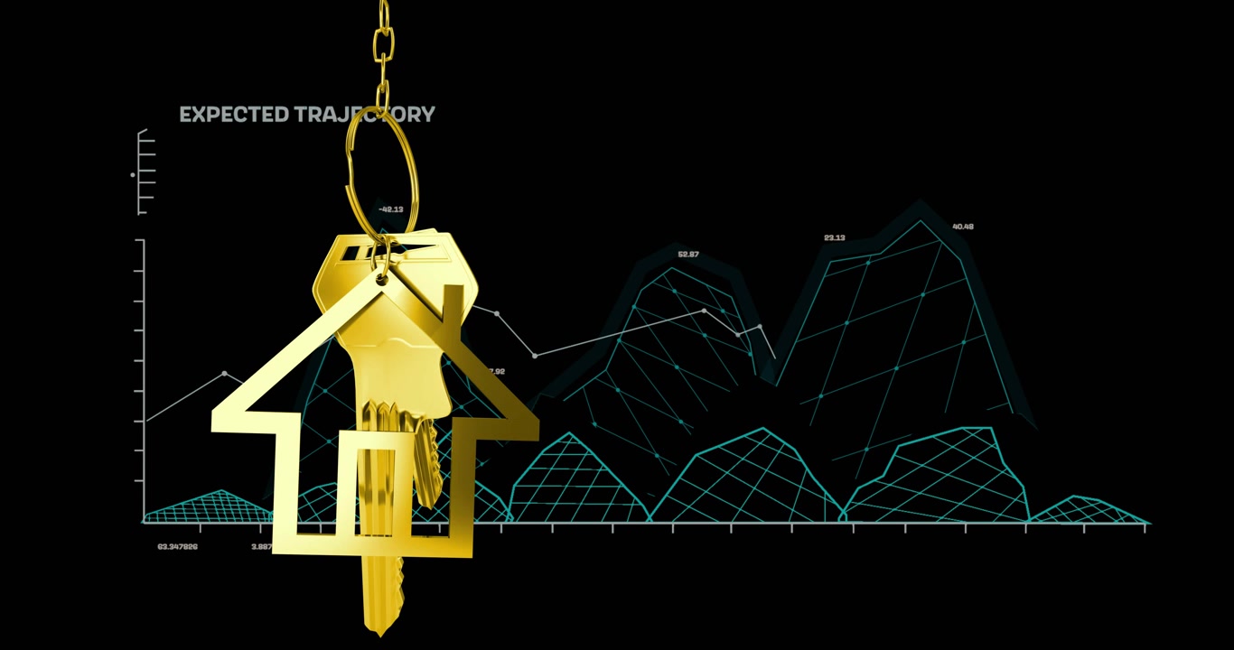 Gold house key swinging left as playback starting, teal mesh rising and labeling real estate trend