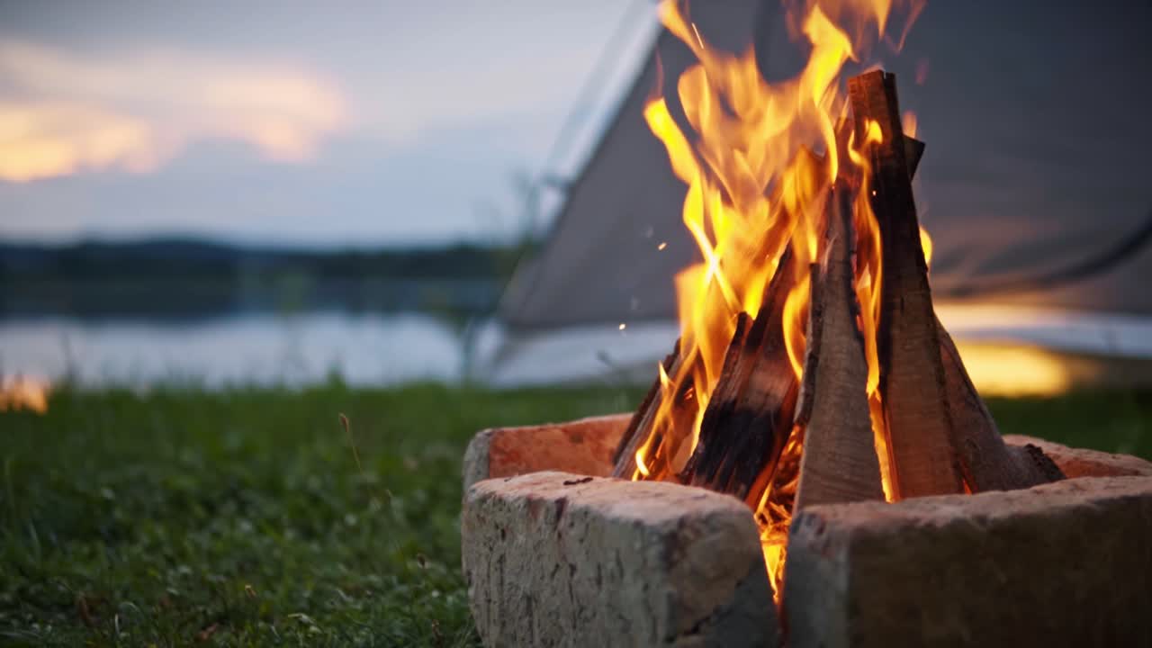 Primo piano di un falò con fiamme vivaci in un braciere sull'erba vicino a una tenda e a un lago calmo al tramonto, che cattura la tranquilla atmosfera di campeggio all'aperto a Savci, Slovenia