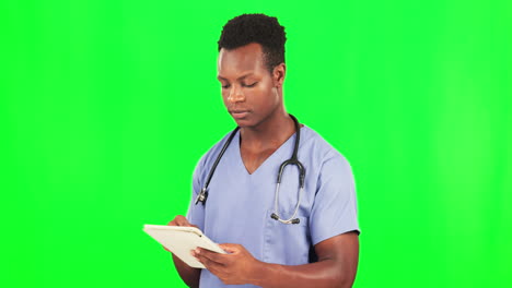 Black-man,-doctor-and-tablet-on-green-screen