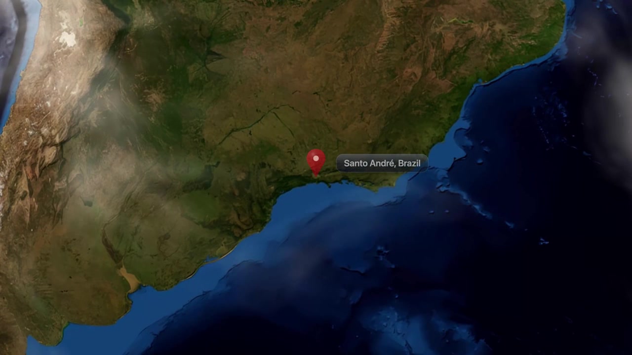 Satellite animation zooming from global Earth view into Santo André in São Paulo, Brazil. Includes NASA public domain imagery.