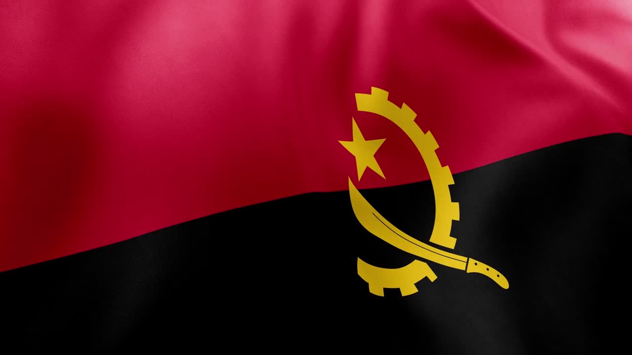 Realistic waving flag of Angola with red, black, yellow emblem. National symbol, African pride, independence concept, isolated for compositing, Angola