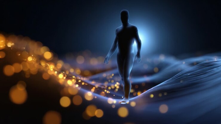 A Journey Through Light: A Silhouette Walking Amidst Ethereal Waves of Luminescent Particles Representing the Intersection of Humanity and Digital Innovation