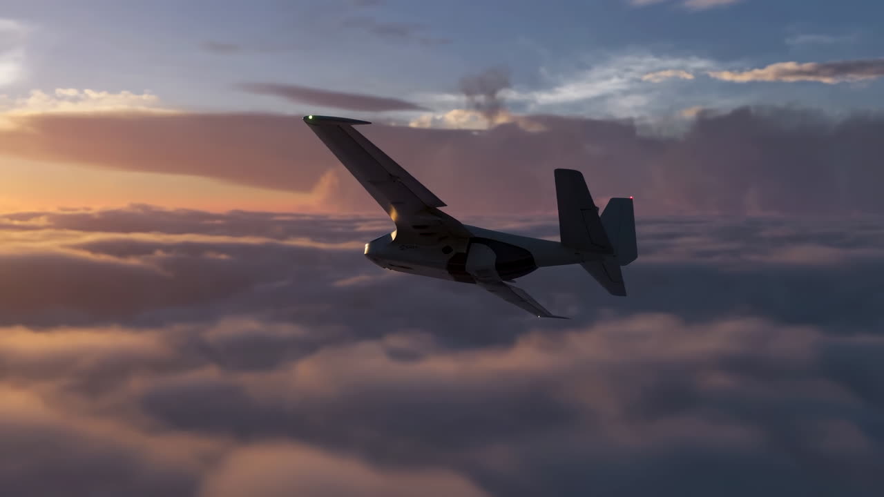 Silhouette di un aereo al tramonto sopra le nuvole, jet aziendale che sorvola un paesaggio di nuvole luminose al crepuscolo, verde.