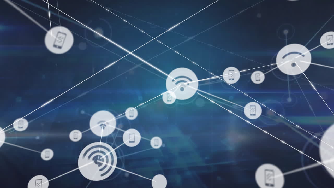 animación de la red de iconos de medios sobre el procesamiento de datos en fondo azul
