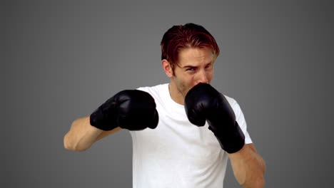 sportsman boxing in front of the camera on grey background