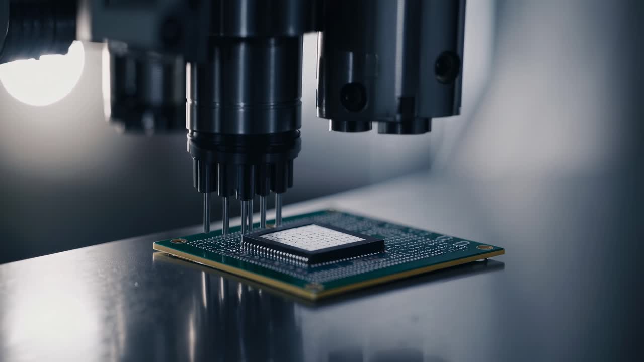 Close-up video shot of a microchip being assembled by robotic arms, showcasing precision technology