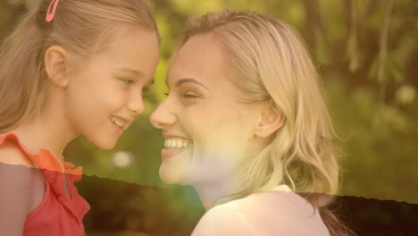 animation of landscape over happy caucasian mother touching nose her daughter