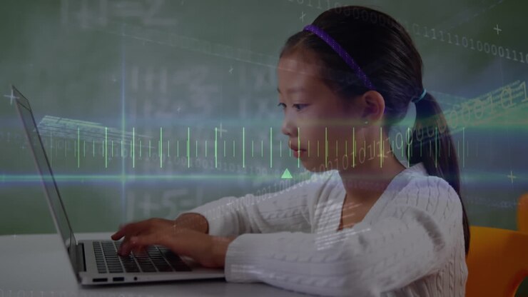 Animation of digital scale, light trails, data processing against asian girl using laptop at school
