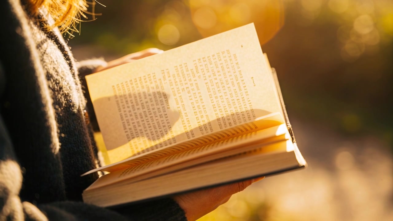 Donna con maglione scuro che solleva l'angolo di una pagina per continuare a leggere, in un parco al tramonto, con un evidenziatore giallo.