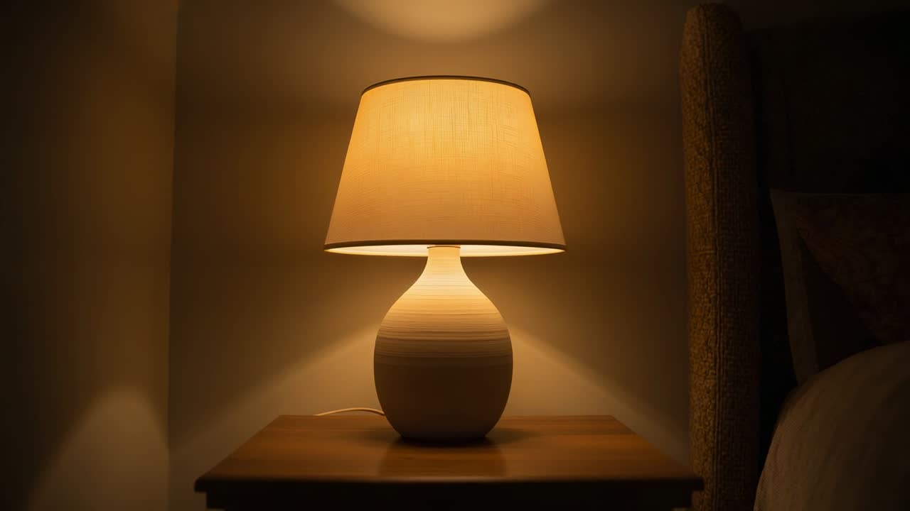 Lampada in ceramica luminosa che emette luce mentre l'intensità della luce della lampadina cambia e si diffonde su un tavolo di legno in camera da letto.