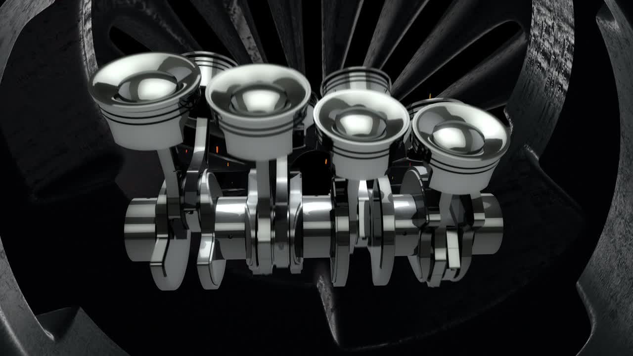 pistones del motor v8 en un cigüeñal con chispas dentro de otra máquina