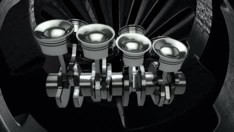 pistones del motor v8 en un cigüeñal con chispas dentro de otra máquina