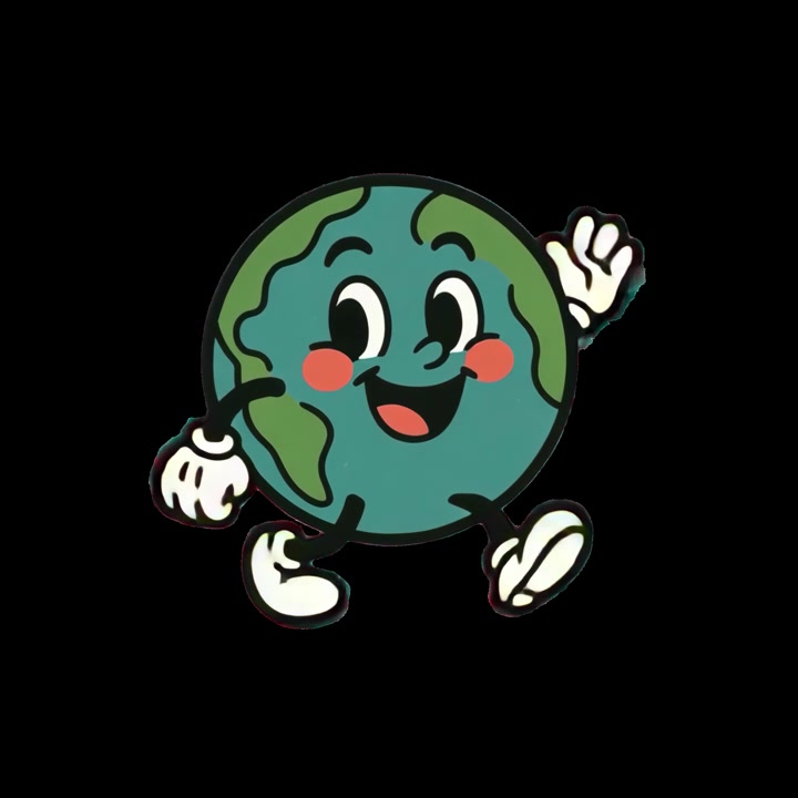 Animated Retro Cartoon Earth Character Walking and Waving