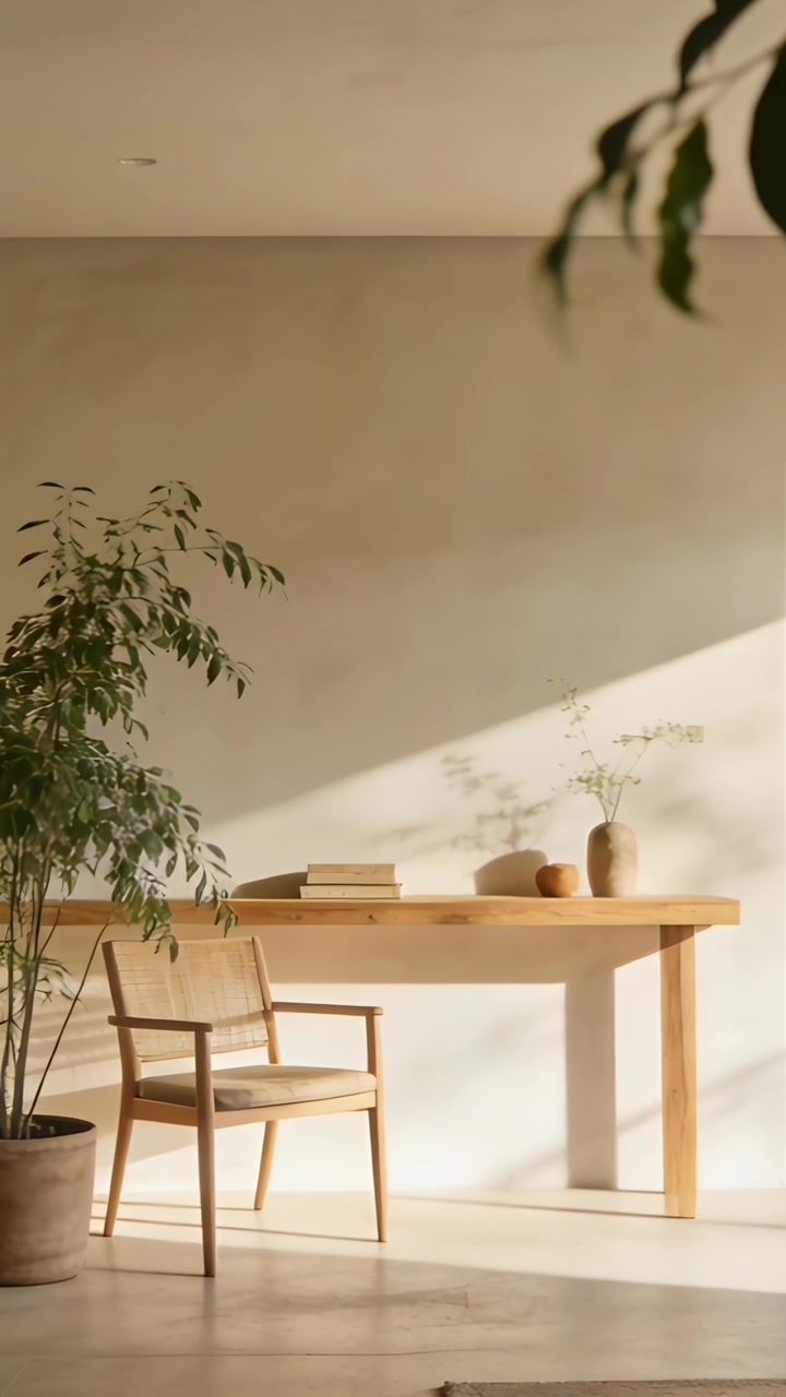 Video verticale: Sole che si muove, luce che scivola su scrivania e sedia di legno in un angolo, proiettando ombre di piante.