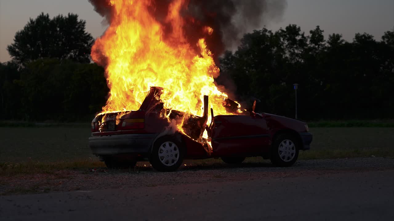 Burning car in the evening hours, firefighters approaching in the background, long shot from the right rear - Slow Motion