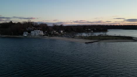 An-aerial-view-over-Huntington-Harbor-on-Long-Island,-NY-at-sunset