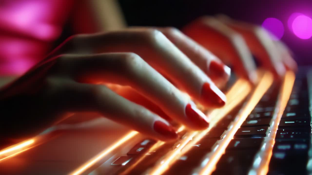 Primo piano di mani curate con smalto rosso che digitano su una tastiera luminosa, illuminate da vivaci scie di luce che creano un'atmosfera dinamica e moderna su uno sfondo scuro