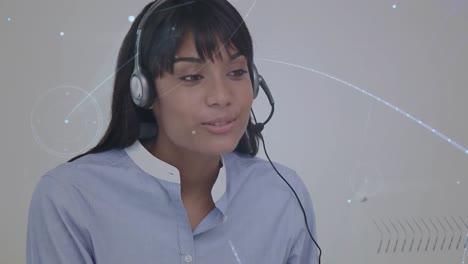 Animation-of-networks-of-connections-over-businesswoman-using-phone-headsets