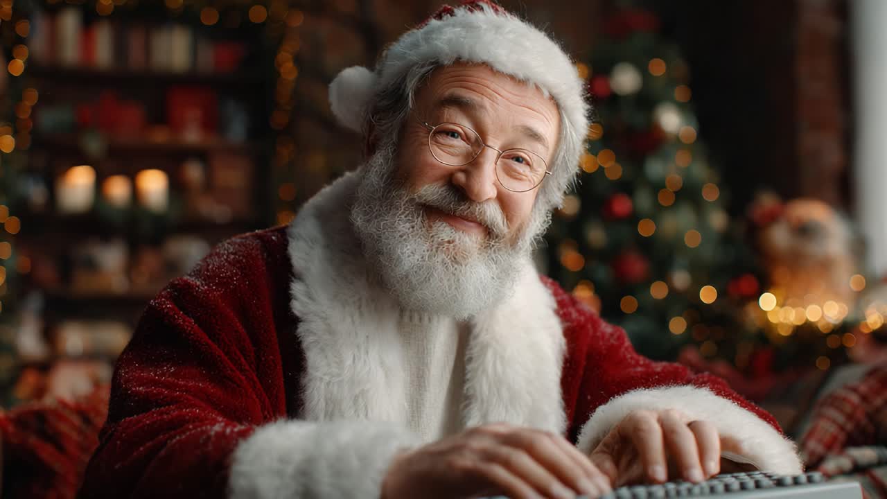 A Festive Santa Claus Joyfully Typing on a Keyboard in a Cozy Holiday Setting Surrounded by Twinkling Lights and Christmas Decorations