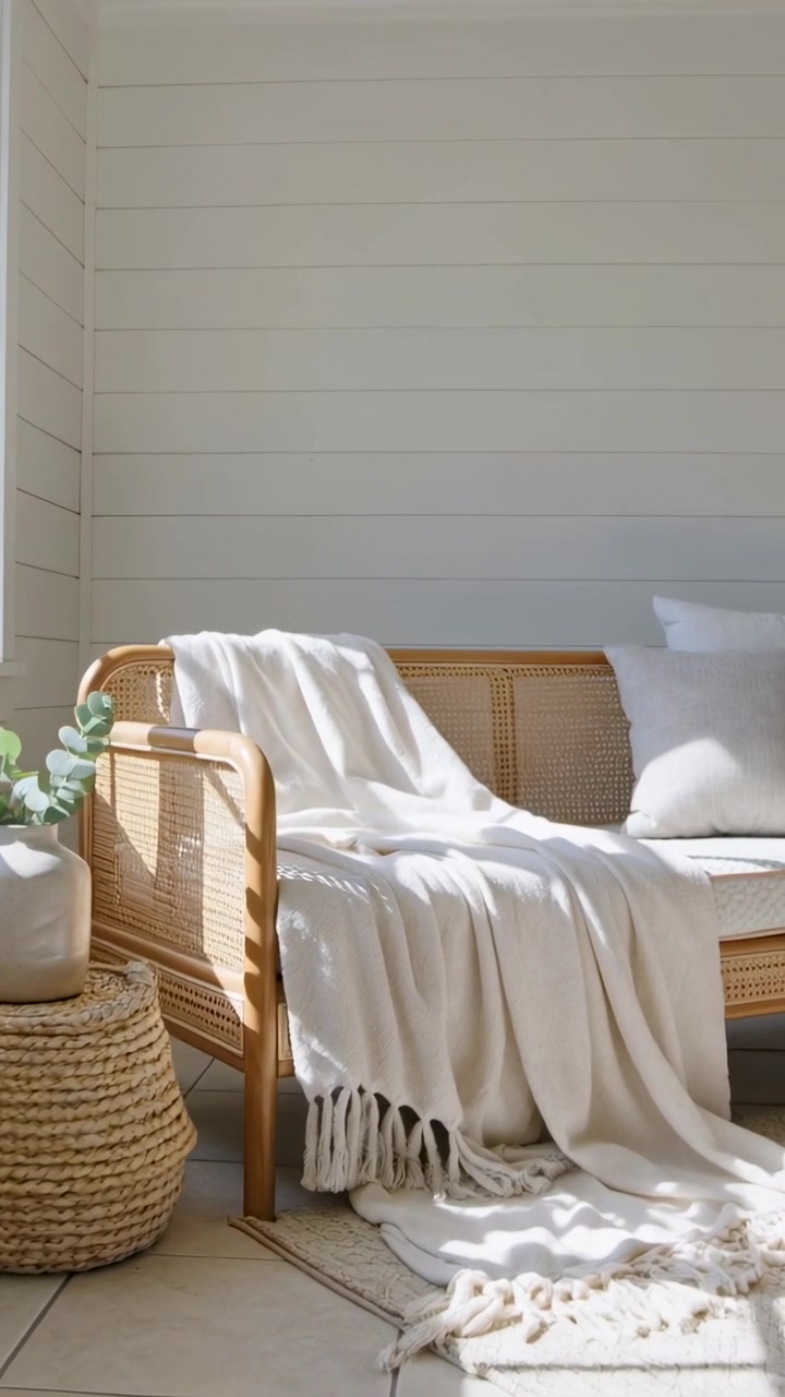 Video verticale: Tenda velata che si scosta, mostrando una panca illuminata dal sole a casa con un plaid color crema e un vaso