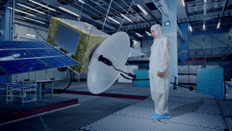 full body side view of asian male scientist having a headache while standing with spacecraft construction