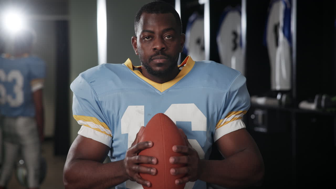 Football player in locker room