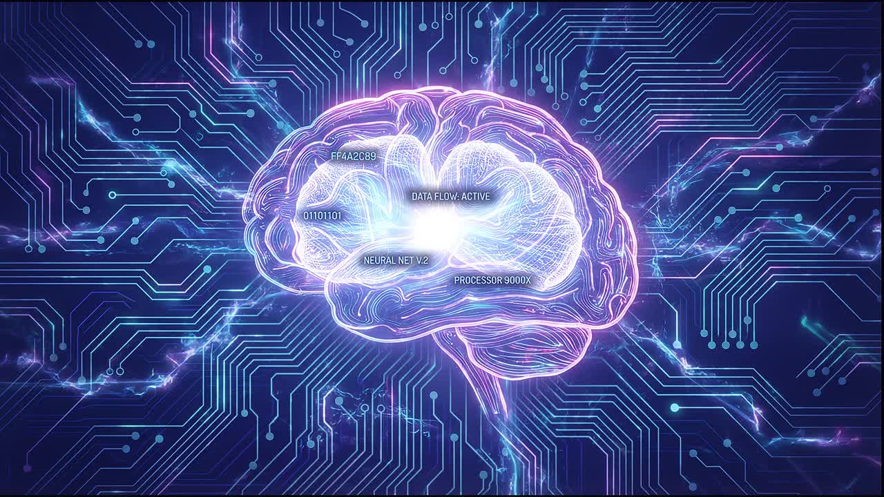 Futuristic artificial intelligence brain glowing with neural network connections on circuit board background