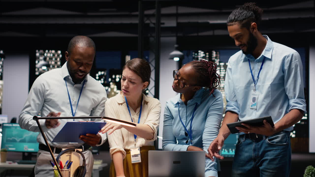 Portrait of colleagues engaged in teamwork during late night briefing session