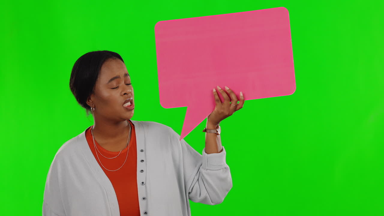 Black woman, questions or speech bubble on green
