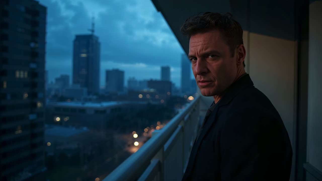 Uomo di mezza età che si volta verso la camera su un balcone sopra la città con un blazer scuro, spazio per il testo