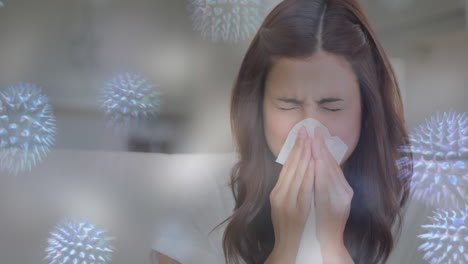 woman sneezing while suffering from allergy and bacterial cell 4k