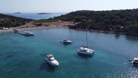 boats and yachts of various types anchored in turquoise clear water of blue lagoon bay at veliki budikovac island, croatia