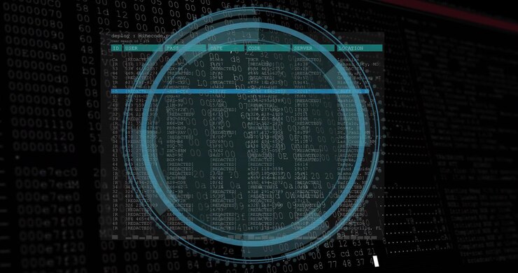 Terminal window fading in, central HUD rings rotating and scanning over code, showing cyber defense