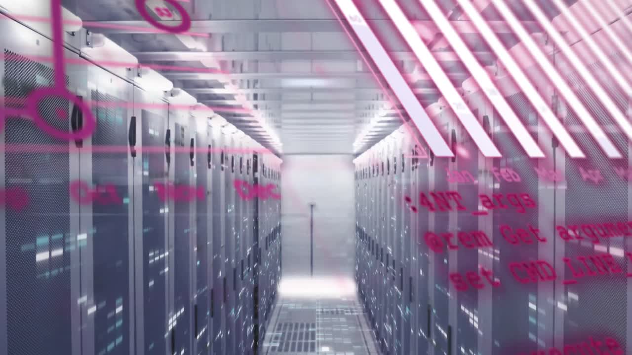 animación de gráficos, globos y lenguaje informático sobre barras en bastidores de servidores de datos en la sala de servidores