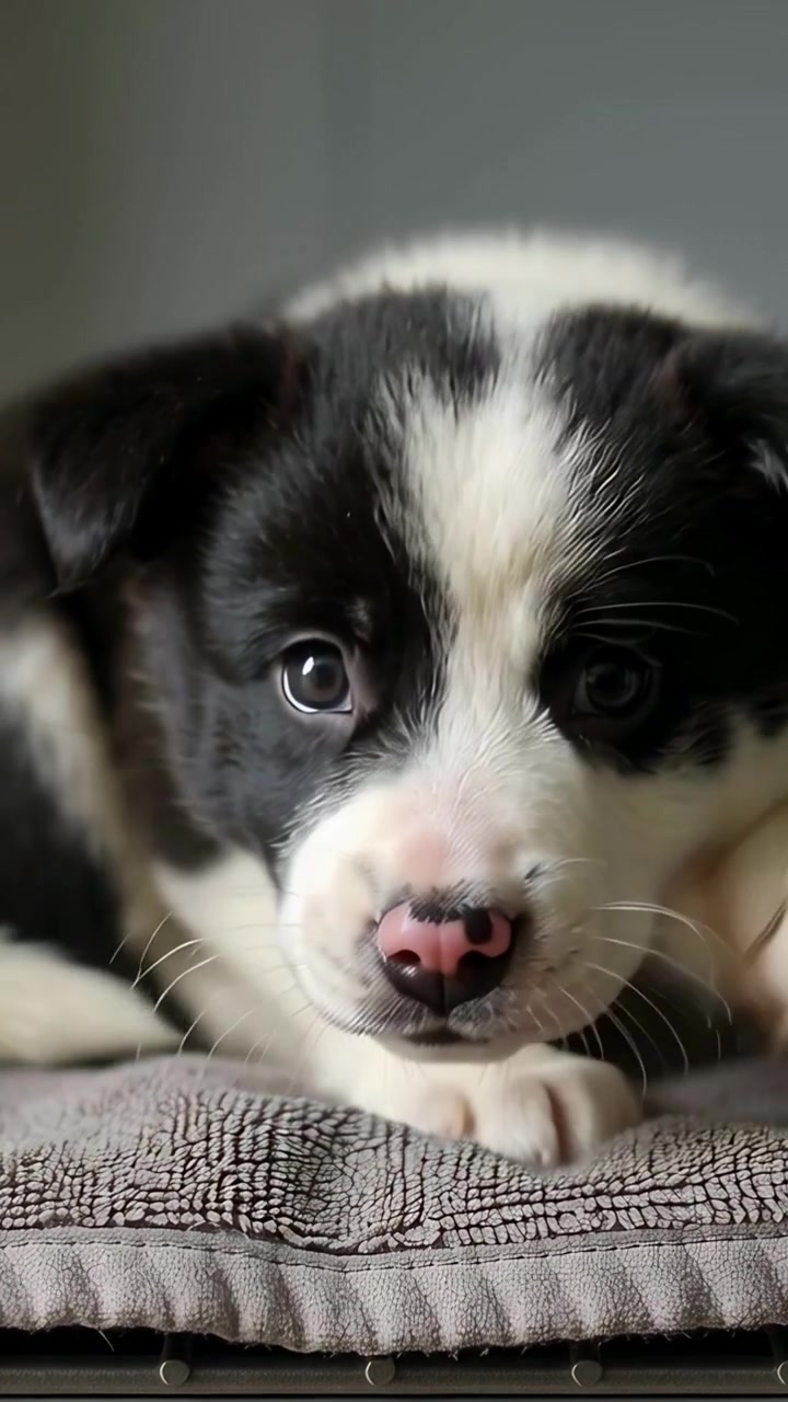 Vertical video: Filming two-tone puppy raising head and licking paw at home on towel near crate