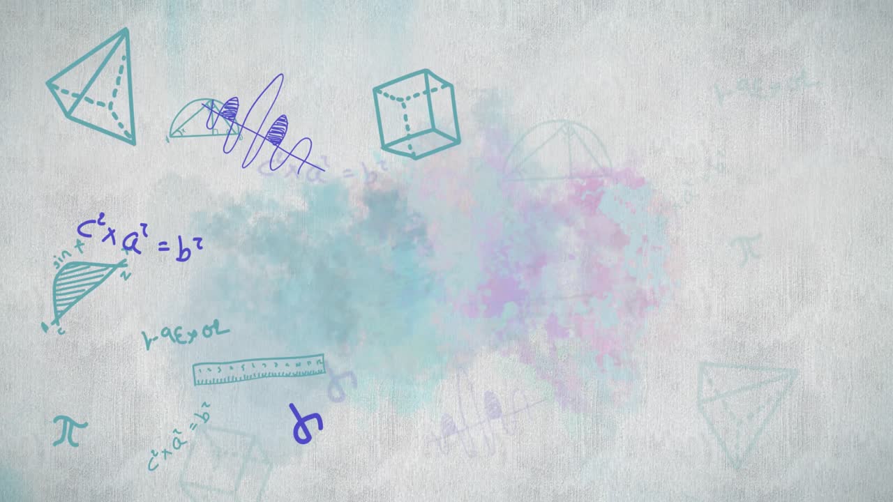 ecuaciones matemáticas en movimiento y formas geométricas contra un fondo gris